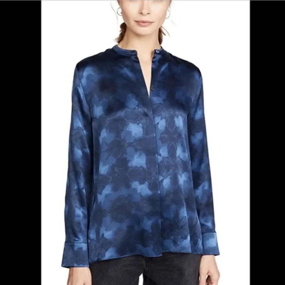 VINCE Winter Tie Dye Silk Long Sleeve Blouse Hydra Navy Blue 12